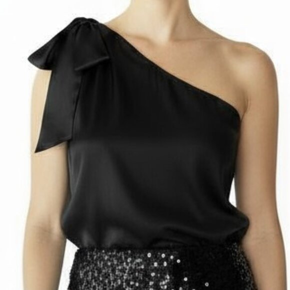 Stella McCartney Black One Shoulder Sleeveless Satin top Bow accent Size US 6 - Picture 1 of 16